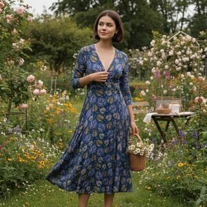 PepaLoves Maxi Dress Cottagecore Boho Leaf Print Linen Blend Blue Sz S